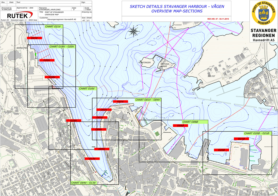 Sketch details Stavanger harbour - Vågen overview map-sections