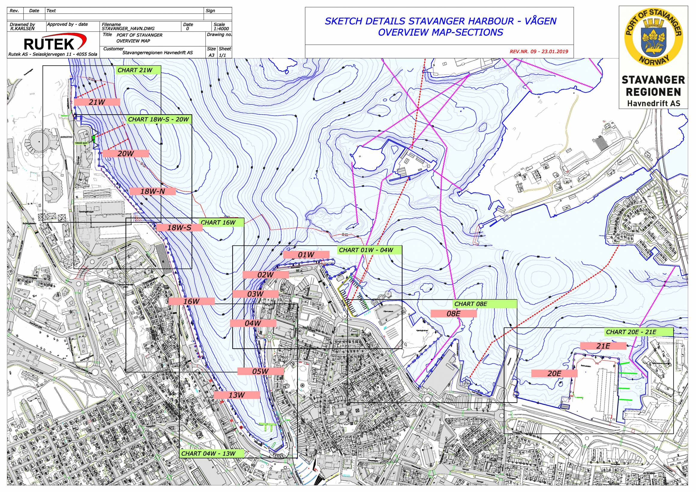 Sketch details Stavanger harbour - Mekjarvik overview map-sections