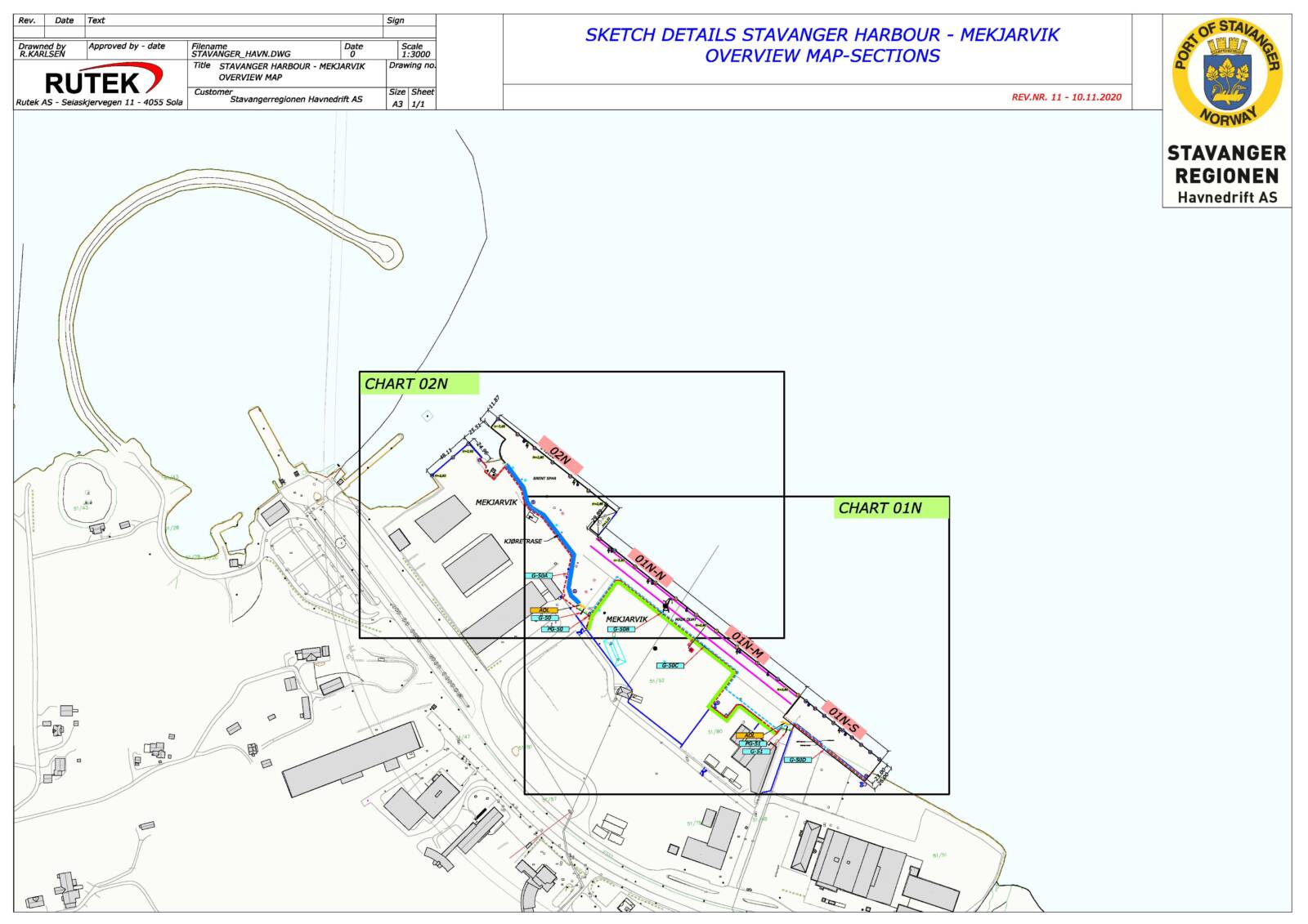 Sketch details Stavanger harbour - Mekjarvik overview map-sections