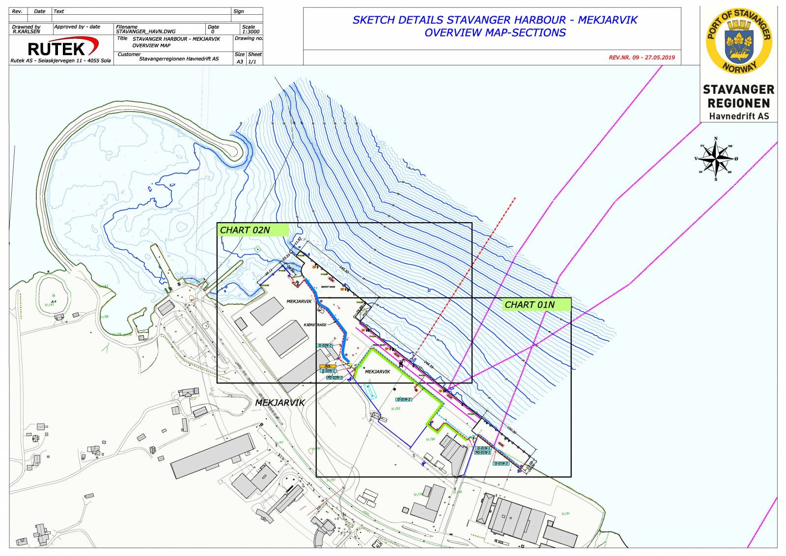 Sketch details Stavanger harbour - Mekjarvik overview map-sections