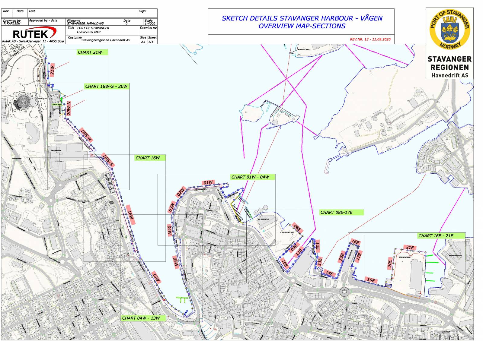 Sketch details Stavanger harbour - Mekjarvik overview map-sections