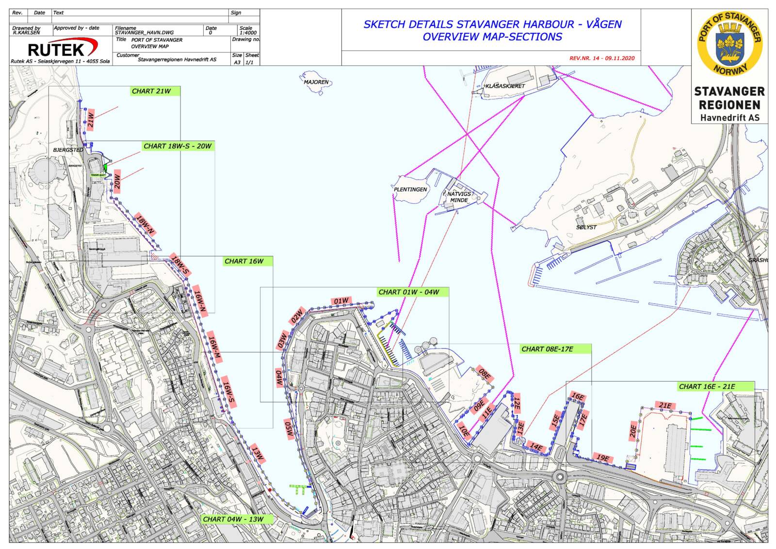 Sketch details Stavanger harbour - Mekjarvik overview map-sections
