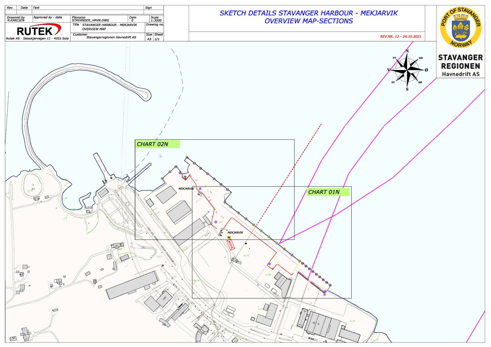 Sketch details Stavanger harbour - Mekjarvik overview map-sections