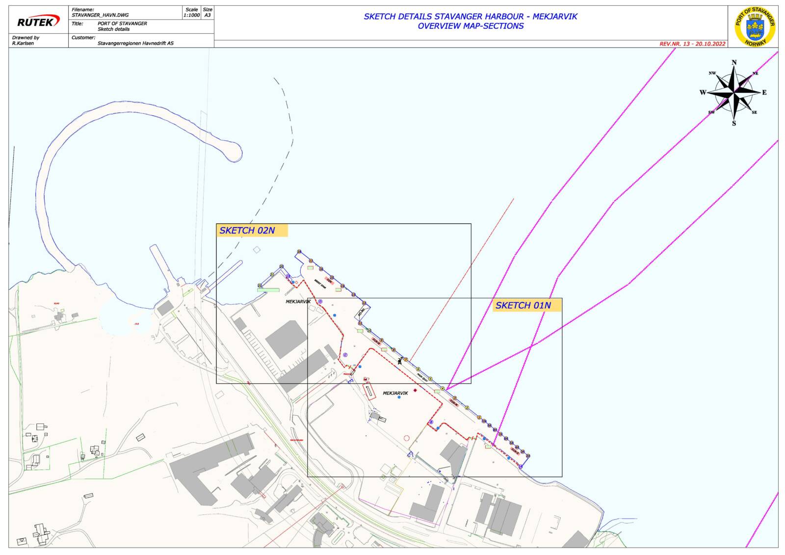 Sketch details Stavanger harbour - Mekjarvik overview map-sections