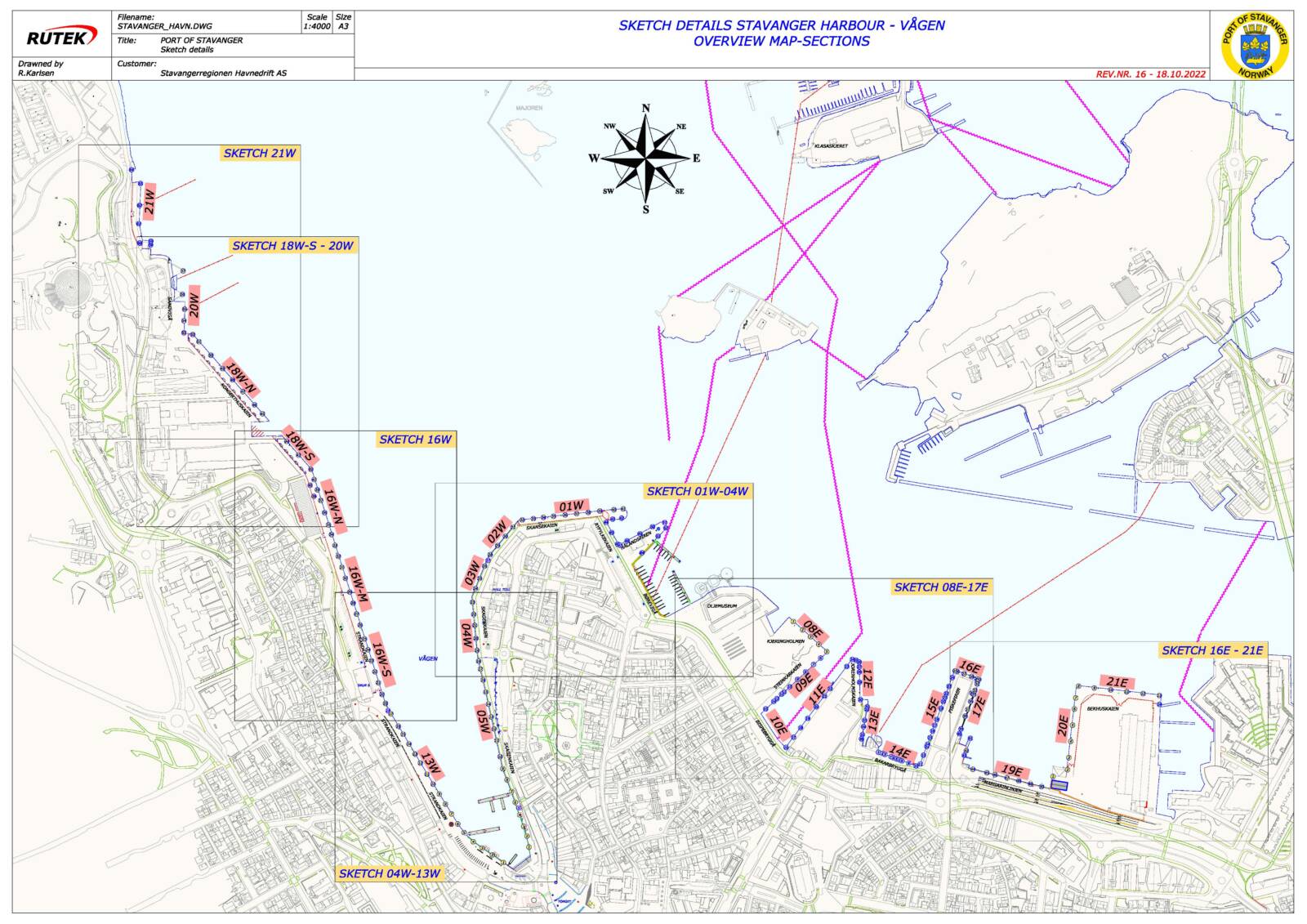 Sketch details Stavanger harbour - Mekjarvik overview map-sections