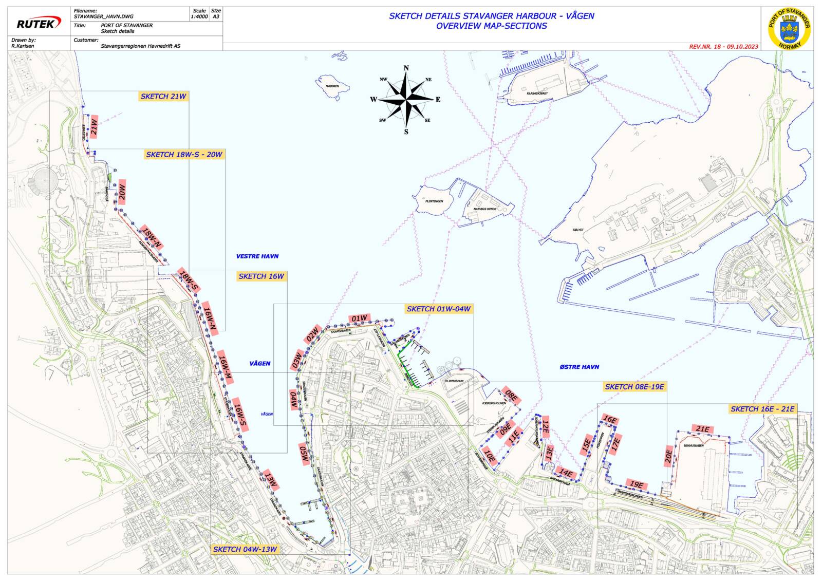 Sketch details Stavanger harbour - Mekjarvik overview map-sections